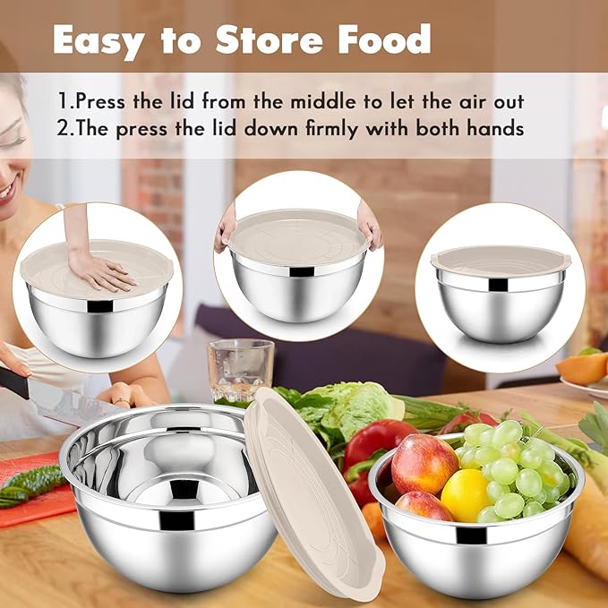 E-far Stainless Steel Mixing Bowls with Lids, 5-Pack Metal Nesting Bowls with Airtight Covers for Cooking, Baking, Serving, Storage, Non-toxic & Dishwasher Safe, Size 4.6/3/1.5/1/0.7QT - Khaki - Image 7