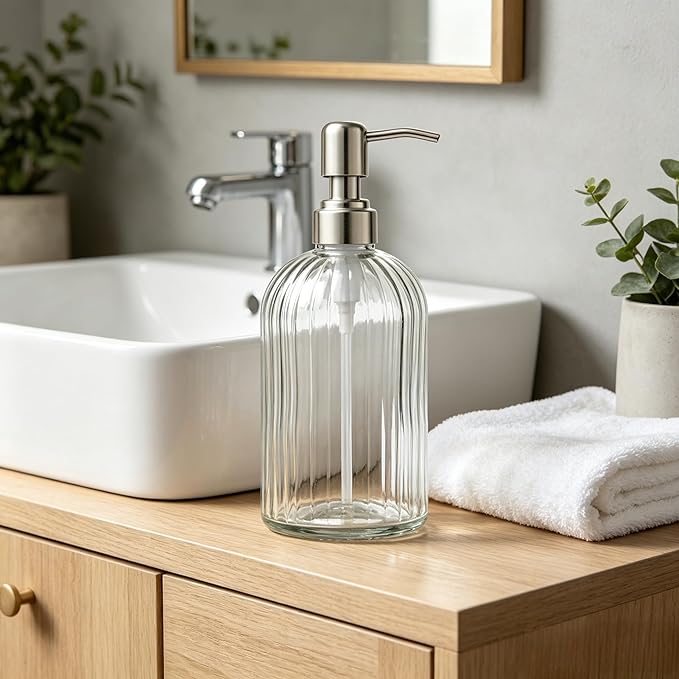 Glass Hand Soap Dispenser Silver Pump Refillable Dish Shampoo Lotion Bottle with Brushed Bathroom Kitchen Decor 18 OZ