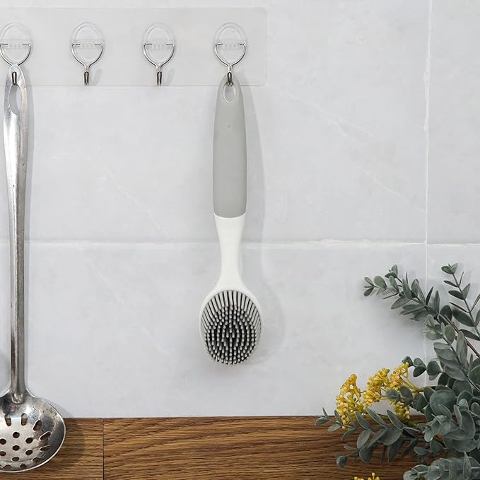Dish Scrubber, Silicone Soft Bristles Scrub Brush with Scraper Tip, Comfortable Grip Brushes for Kitchen Sink, Pans, Pots, Skillet, Vegetable, Fruit, Potato Cleaning (White/Grey) - Image 7