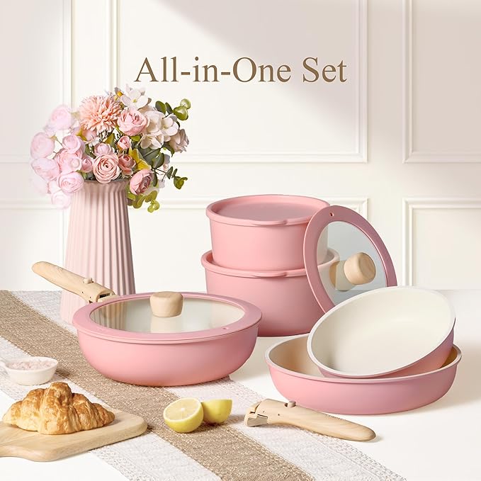 CAROTE Pots and Pans Set, Nonstick Cookware Set Detachable Handle, 19pcs Induction Kitchen Cookware Sets Non Stick with Removable Handle, RV Cookware Set, Oven Safe, Pink - Image 7