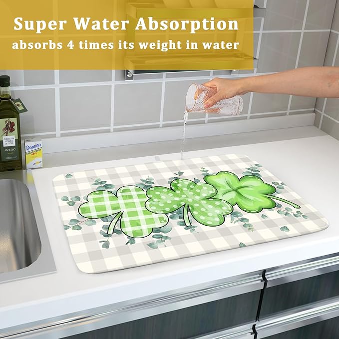 Giwawa Patrick Dish Drying Mat for Kitchen Green Clovers Grey Buffalo Plaids Dish Drainer Mats 18x24inch Spring Leaf Dish Drying Rack Pad Protector for Countertop Dining Holiday Decor