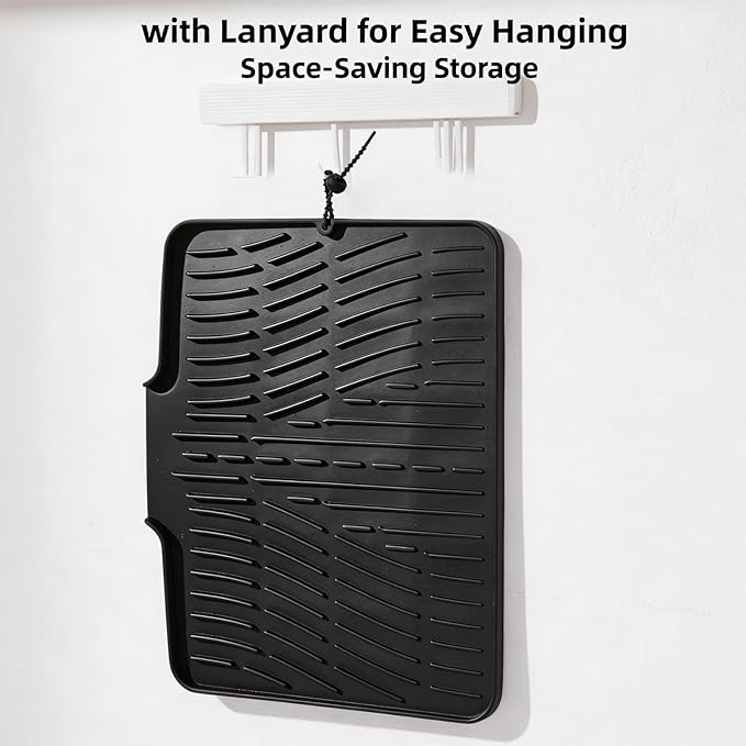 Silicone Dish Drying Mat for Kitchen Counter Sink,16"x13" Black Rubber Dish Drying Mat with Drain Lip & Lanyard,Non-Slip dish drying Pad,silicone drying mat dish drain mat - Image 6