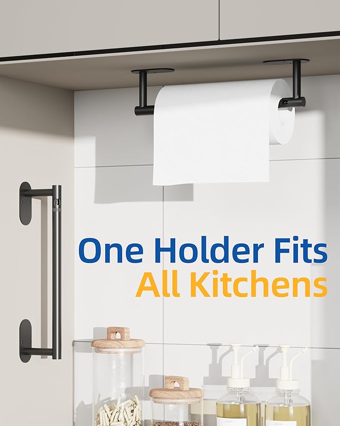 RUACQ Paper Towel Holder Under Cabinet, Wall Mounted or Adhesive Stainless Steel Paper Towel Holder,Round Base Paper Towel Rack for Kitchen, RV, Bathroom (Matte Black)