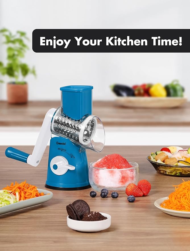Geedel Rotary Cheese Grater Cheese Shredder - Upgraded 5-in-1 Cheese Grater with Handle and Strong Suction Base, Multi-purpose Vegetable Slicer Ice Shaver Nuts Grinder for Ice, Vegetables, Fruit, Nuts - Image 8