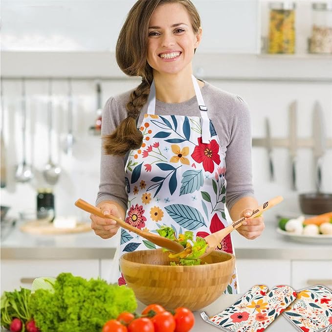 8 Pcs Kitchen Stuff Accessories Include 5 Cute Wooden Spoons & 1 Floral Kitchen Oven Mitts & 1 Pot Holders & 1 Kitchen Apron,Gifts for Women