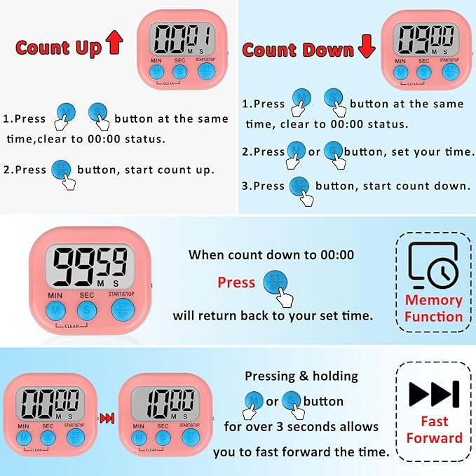 ZILLEEN 6 Pack Kitchen Timers for Cooking Digital Classroom Timers for Teachers Kids Blue Green Pink - Image 7