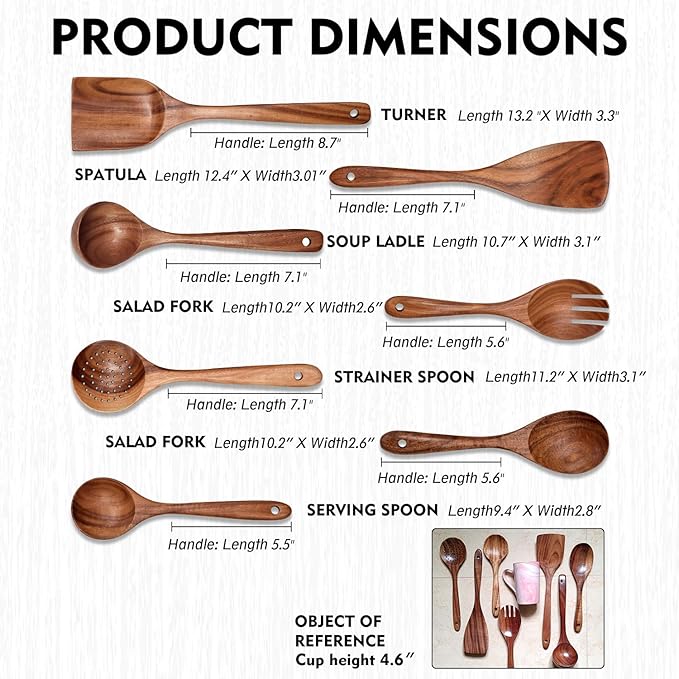 Wooden Non-Stick Kitchen Pan Toolset 7 Pieces Set, Natural Kitchen Utensils Spatula, Wooden Cooking Utensils Spoons, Fried Spatula and Salad Fork - Image 8