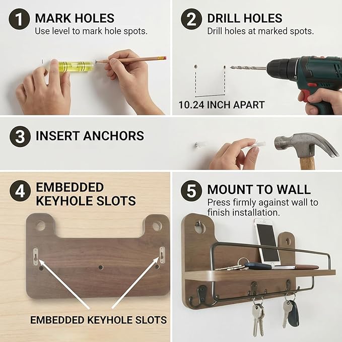 REFGY Key Holder for Wall with Shelf - 5.1" Deep Large Mail Organizer Wall Mount with 3 Heavy-Duty Dual Hooks & Safety Guardrail - Rustic Wood Wall Shelf for Entryway, Kitchen, Office