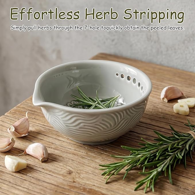 Grater Plate, 3 in 1 Ceramic Ginger Grater Bowl with Herb Stripper – Handmade Multi-Functional Kitchen Tool for Garlic, Ginger, Chocolate, Herbs, and Spices