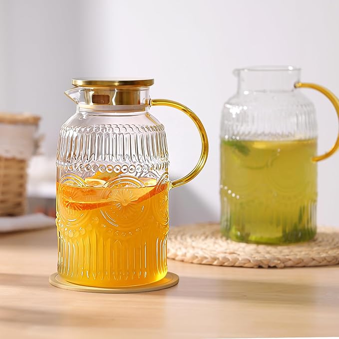 2 Pack Vintage Glass Pitchers with Lid, 68oz/ 2 Liter Glass Water Pitcher with Handle and Lid for Fridge, Iced Tea, Coffee, Borosilicate Glass Carafe for Hot/Cold Brew Drink