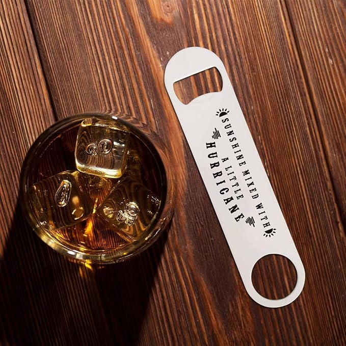 Funny Sarcastic Quotes Stainless Steel Bottle Opener Sunshine Mixed with A Little Hurricane Flat Beer Bottle Opener Keychain for Home Kitchen Bar Restaurant Party Birthday Gift