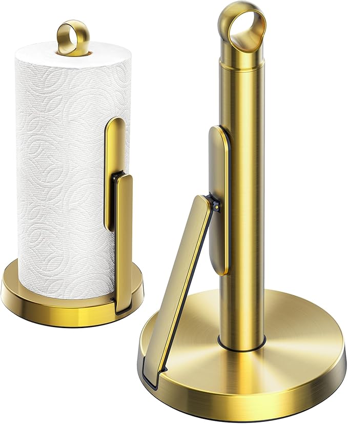 theaoo Heavy-Duty Stainless Steel Paper Towel Holder with Tension Arm – Easy One-Handed Tear, Modern Standing Countertop Dispenser for Kitchen, Holds All Paper Towel Rolls (1, Gold) - Image 9