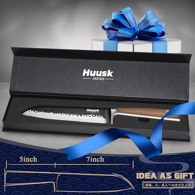 Huusk Santoku Knife 7 Inch Japanese Kitchen Knife Hand Forged Chopping Knives Razor Sharp Chef Knife for Vegetables Meat Home Cooking with Premium Present Box for Dad Mom - Image 6