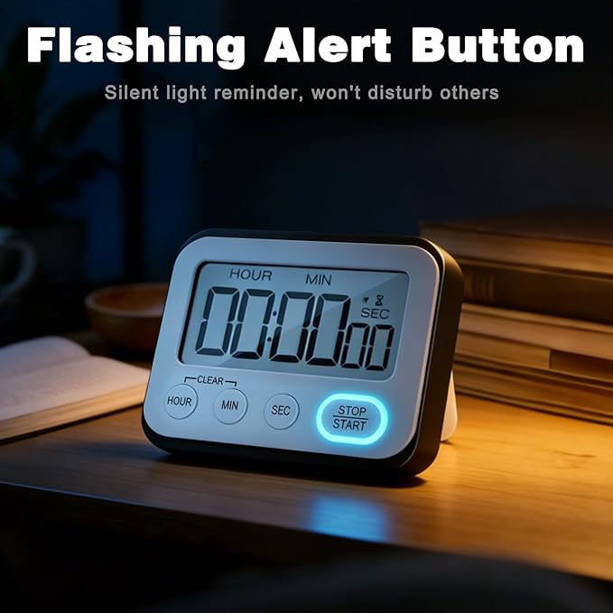 Digital Kitchen Timer Magnetic Loud Alarm, Large LCD Screen Silent/Beeping Multi-Function for Teachers Classroom Kids, Black - Image 7
