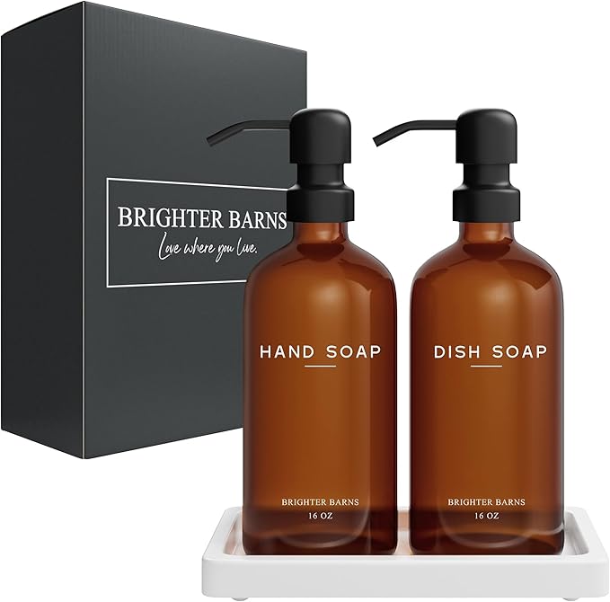Amber Glass Hand and Dish Soap Dispenser Set by Brighter Barns - Kitchen Soap Dispenser Set with Tray for Kitchen, Airbnb, Vacation Rental or Restaurant - Modern Kitchen Decor & Accessories (Amber) - Image 8
