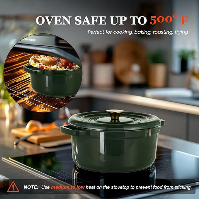 Overmont Enameled Cast Iron Dutch Oven - 5QT Pot with Lid Cookbook & Cotton Potholders - Heavy-Duty Cookware for Braising, Stews, Roasting, Sourdough Baking moss - Image 8