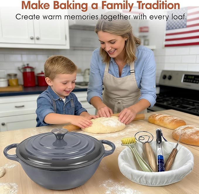 5QT Enameled Cast Iron Dutch Oven for Bread & Multi-Cooking – Complete Sourdough Starter Kit with Lid ,Probe Thermometer, Proofing Basket, Silicone Sling & Gift Packaging Bags,Oven Safe up to 500°F(Gray)