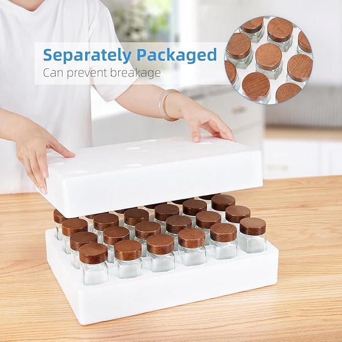 Yangbaga 34Pcs Glass Spice Jars with Labels-4oz Acacia Wood Lid Square Spice Containers with Pepper Grinder Lids &Funnel,Seasoning Jars for Rack Cabinet Drawer - Image 8