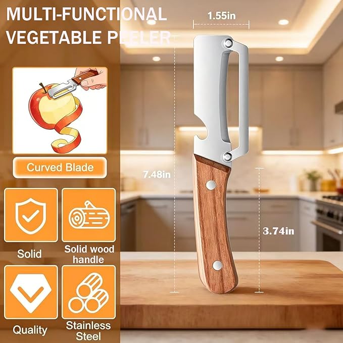 MultiFunctional Vegetable Peeler for Kitchen,Multifunctional Vegetable Peeler with Wooden Handle and Bottle Opener,2-in-1 Stainless Steel Kitchen Tool for Fruit Apple Potato Pumpkin Papaya (2) - Image 6