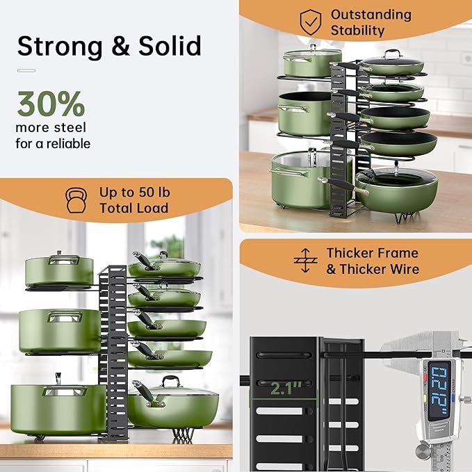 MUDEELA Pots and Pans Organizer Rack under Cabinet 8-Tiers Adjustable Pot Rack with 3 DIY Methods, Expandable 11.65'' to 19" Pot Lid Organizer for Kitchen Pantry Cabinet Organization and Storage - Image 7