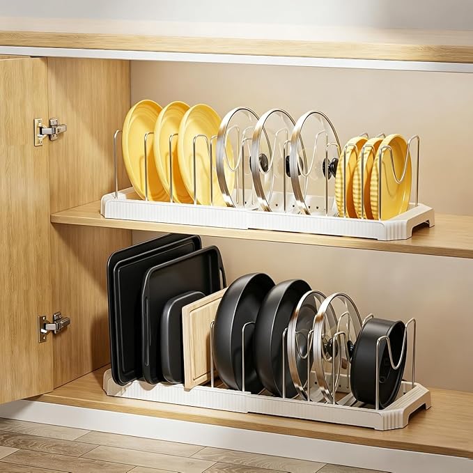 MUDEELA Pots and Pans Organizer under Cabinet, Pot Rack with Expandable Pot Lid Organizers Holder for 10 Adjustable Dividers, Pan Organizers inside Cabinet for Pan Lids, Cutting Boards, Baking Sheets - Image 9