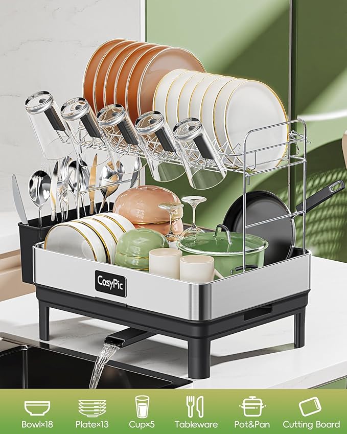 2 Tier Dish Drying Rack, Thicker Premium 304 Stainless Steel Dish Racks for Kitchen Counter, Automatic Drainage Spout, Dish Drainer & Drainboard Set with Utensil Holder and Cup Holder, Black - Image 7