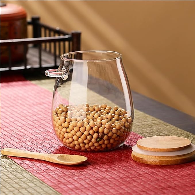 Airtight glass jar storage container with bamboo lid Set of 4, wide mouth, leak-proof, With a spoon, can be used for coffee beans, tea leaves, grains, dried fruits, etc (Middle*4pcs) - Image 7
