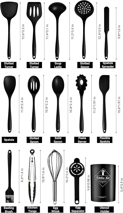 Silicone Kitchen Utensils Set - 15 Pieces Non Toxic Silicone Utensils Set For Cooking,428°F Heat Resistant Food Grade Kitchen Tools,Dishwasher Safe (Black, 15 Piece Set)