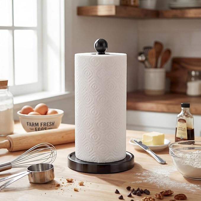 theaoo Paper Towel Holder Countertop, One-Handed Tear Paper Towel Stand Dispenser with Damping Function for Kitchen Bathroom, Stainless Steel Paper Towel Holder with Weighted Non-Slip Base (1, Black) - Image 8
