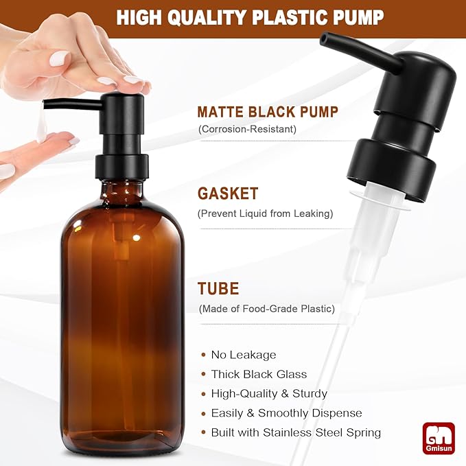 GMISUN Dish Soap Dispenser, 16 Oz Kitchen Soap Dispenser Set with Ceramic Tray & Bamboo Brush, 2 Pack Thick Amber Glass Soap Dispenser, Farmhouse Refillable Hand and Dish Liquid Soap Pump Bottle Set - Image 7