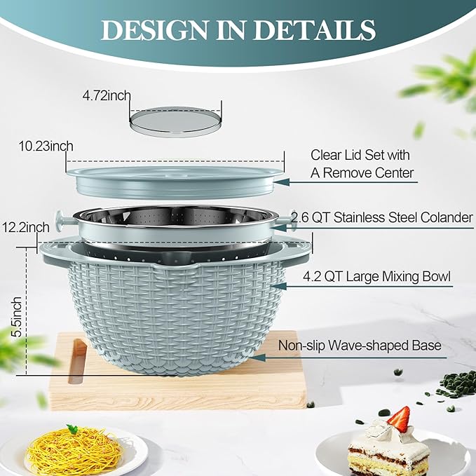 4-1 Colander with Bowl Set - Strainers for Kitchen(Patented), Food Strainers and Colanders, Pasta Strainer with New Upgraded Graters for Fruit, Veggie Washing, Aesthetic Cooking Present - Blue - Image 8