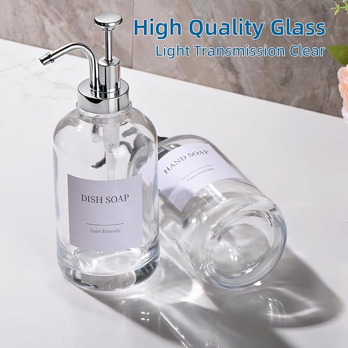 Glass Soap Dispenser with Pump, Dish and Hand Soap Dispenser for Kitchen Bathroom Set, Clear Glass Dispenser Set of 2 Pack with 18 Stickers Funnel Bamboo Tray 500ml 18oz / Each Bottle Sliver Pump - Image 8