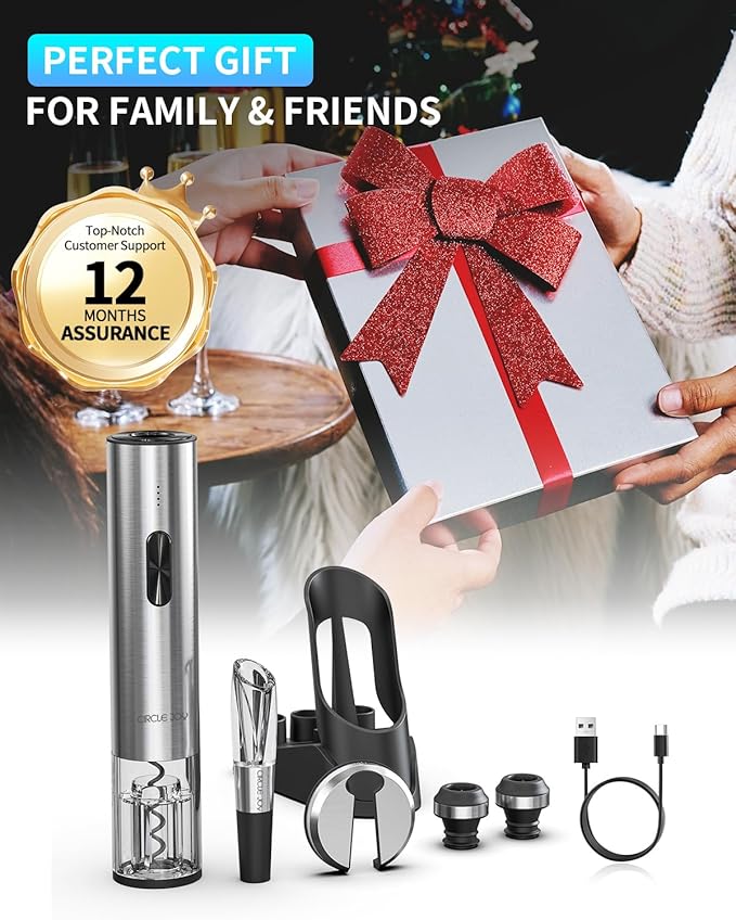 CIRCLE JOY Electric Wine Opener 7-in-1 Stainless Steel Rechargeable Electric Wine Bottle Opener Set with Automatic Vacuum Pump, Foil Cutter, Wine Pourer, 2 Vacuum Stoppers & Charging Station, Silver - Image 7