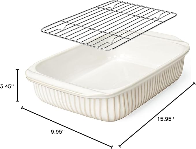Artena Baking Dish 5.1 Quarts, Casserole Dishes For Oven, Baking Pan With Handles, Lasagna Pan Deep, Large Casserole Dish, Rectangular White Ceramic Bakeware (Baking Dish With Rack) - Image 10