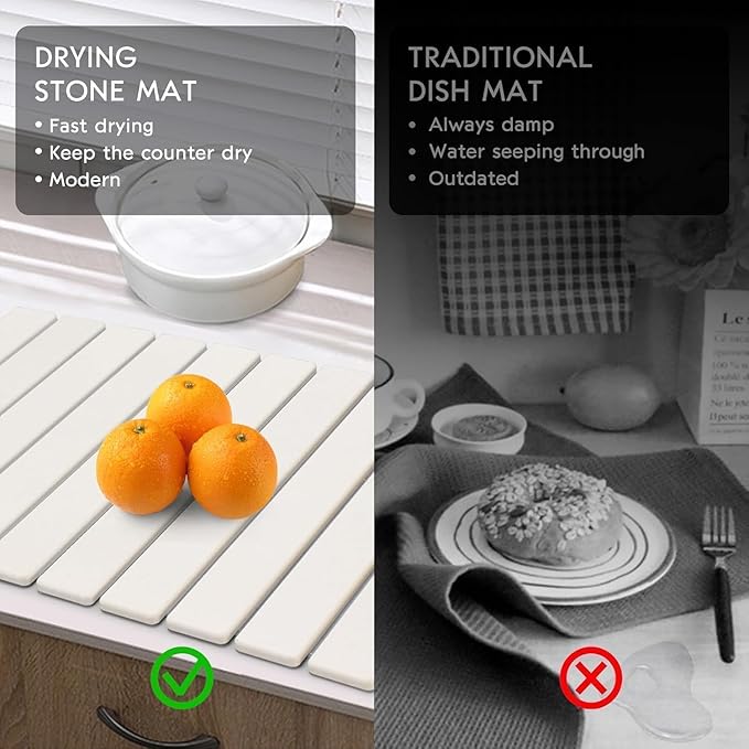Large Stone Dish Drying Mat for Kitchen Counter, 24"(L)×16"(W), Collapsible Quick Drying Dish Mats, Ultra Absorbent Diatomaceous Earth Mats for Dishes Bottles Cups, Match Any Countertop - Image 7