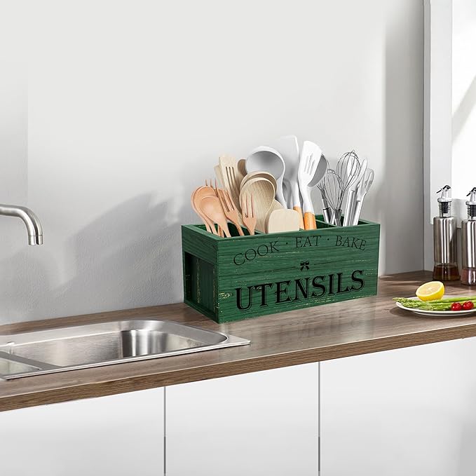 Suli Extra Large Kitchen Utensils Holder with 4 Compartments, Wooden Utensil Organizer for Kitchen Countertop, Farmhouse Decor, Rustic Cooking Utensil - Green grain - Image 8