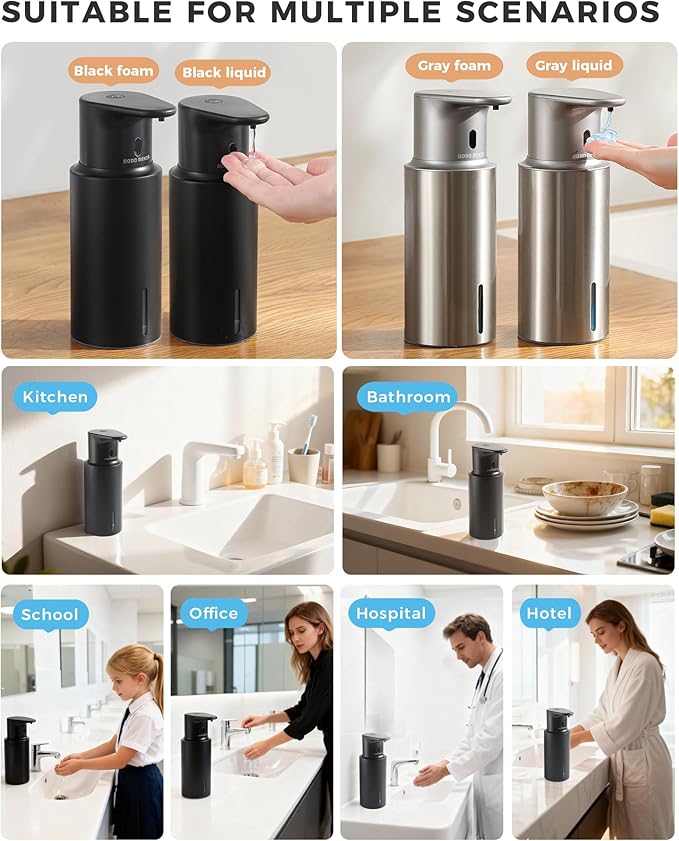 Automatic Liquid Soap Dispenser Touchless, 304 Stainless Steel Bottle Body &16.2oz/480ml Rechargeable, 3 Adjustable Liquid Levels, IPX7 Waterproof, for Kitchen Bathroom, Black - Image 9