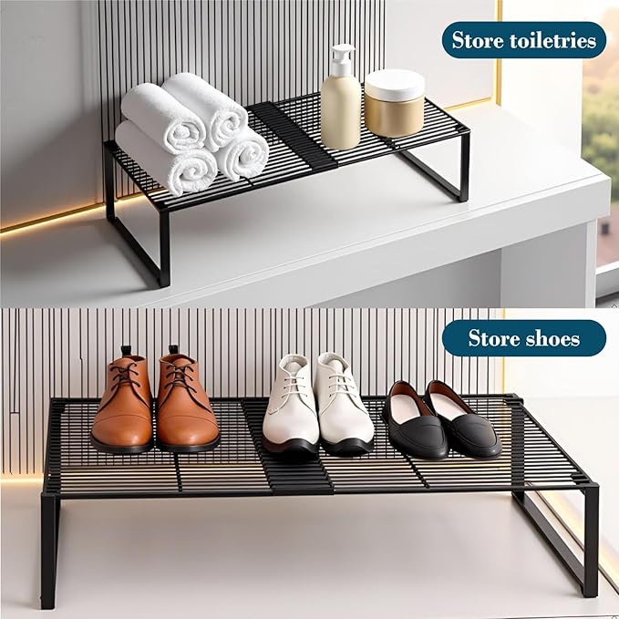 Extendable Metal Wire Shelf Organizer - Adjustable 15-24.4in Length, Stackable Storage Rack for Kitchen/Pantry/Bathroom/Shoe Cabinet/Tool Closet (1, White) - Image 7