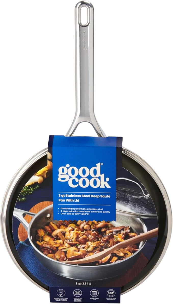 GoodCook Stainless Steel Deep Saute Pan 10.25-Inch, Oven-Safe to 500F & Induction-Safe Compatible with All Stovetops 3-Layer Construction for Even Heating Non-Toxic PTFE & PFOA Free, 3-Quarts, Silver