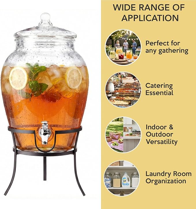 Style Setter Beverage Dispenser Cold Drink Dispenser Glass Jug, Metal Stand & Leak-Proof Acrylic Spigot Great for Parties, Weddings & More (With Metal Rack) - Image 6