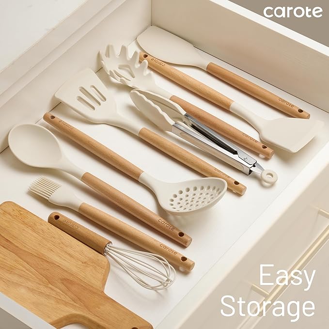 CAROTE Silicone Cooking Utensils Set, Kitchen Utensils Set 16 Pcs for Cooking,BPA Free Spatula Set,446 ℉ Heat Resistant Wood Handles for Nonstick Cookware (Cream White) - Image 9