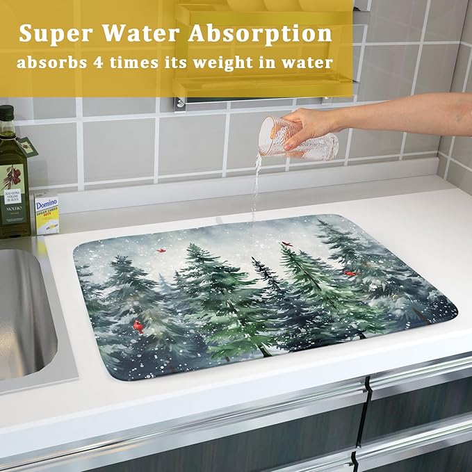 Winter Pine Tree Dish Drying Mat for Kitchen Counter 16x18 Inch Winter Snowflake Xmas Forest Dish Draining Mat Christmas Decorations Fast Absorbent Tableware Dishes Pad for Coffee Bar Countertop