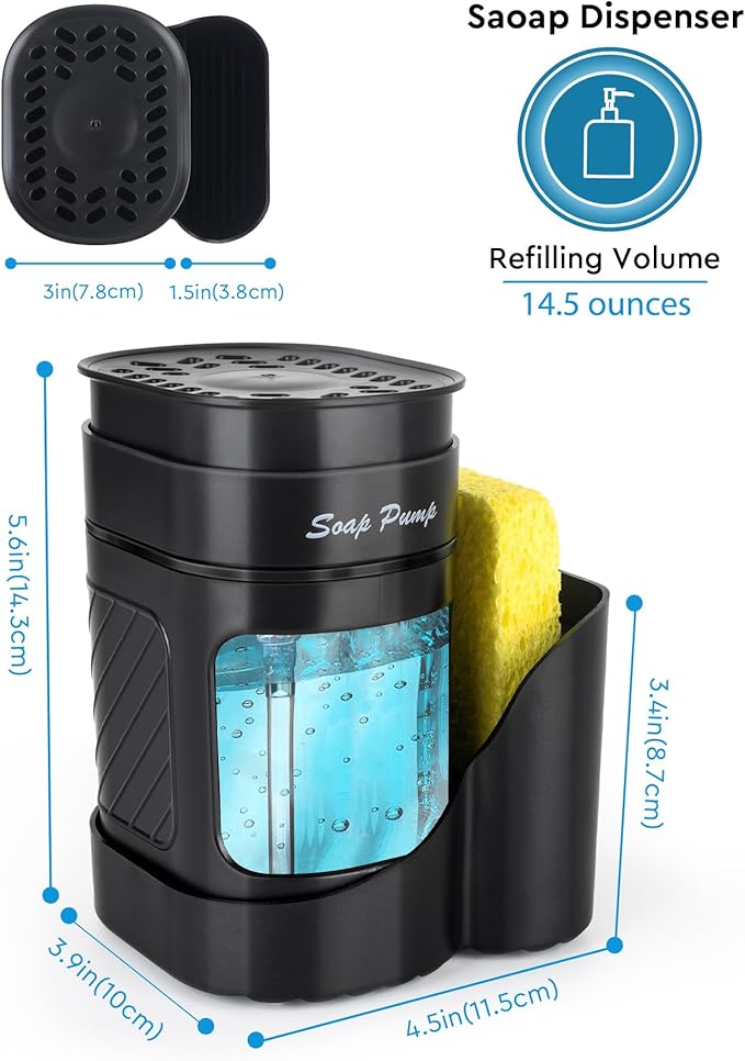 Kitchen Dish Soap Dispenser with Sponge Holder, 3-in-1 Countertop Dishwashing Soap Pump Dispenser Set for Kitchen Sink, Useful Kitchen Gadgets - Black - Image 6