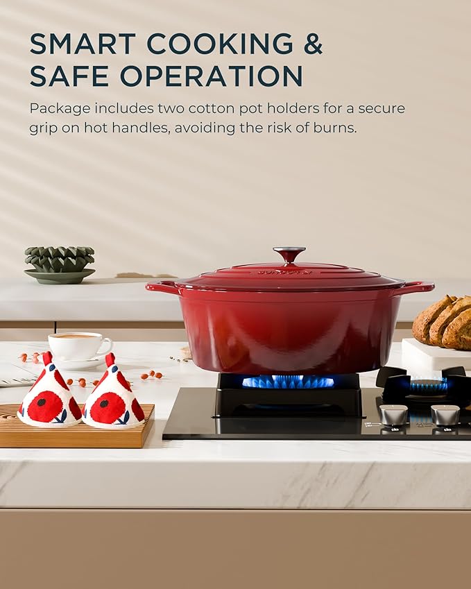 Enameled Cast Iron Dutch Oven - 9.3QT Dutch Oven Pot with Lid & Cotton Potholders - Heavy-Duty Non Stick Casserole Pot for Braising, Stews, Roasting, Baking, Suitable for All Stovetops, Cherry Red - Image 8