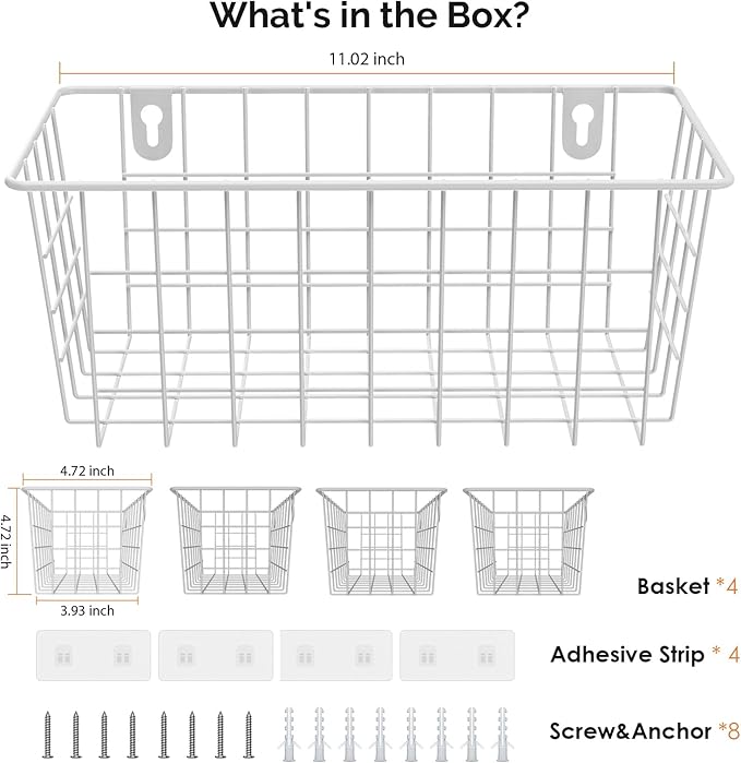 MaraFansie Hanging Wire Baskets Kitchen Storage Basket Adhesive and Screws Basket Over the Cabinet Door Organizer with Adhesive Strips and Screws Accessories, White, 4 Pack - Image 7