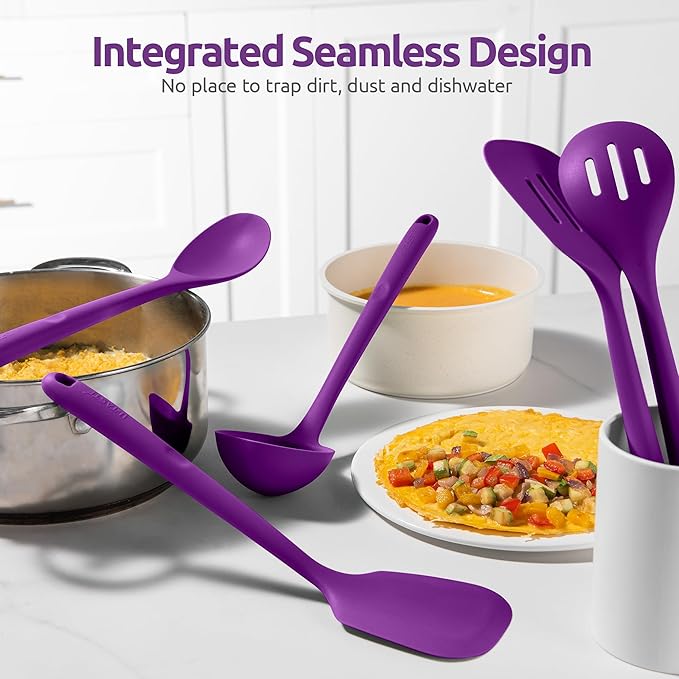 Silicone Kitchen Cooking Utensil Set: U-Taste 600ºF Heat Resistant 13.6in Extra Long Kitchen Tools, Food-Grade Non-Stick Spatula Turner Spoon Ladle for Stir Frying, Serving, Mixing (5 Pieces, Purple) - Image 8