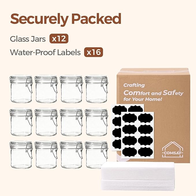 ComSaf 8oz Glass Jars with Airtight Lids (Value Pack of 12), Bulk Cylindrical Jelly Jars for Complete Pantry Organization, 240ml Small Canisters for Sourdough Discard, Spices, Crafts & More - Image 8
