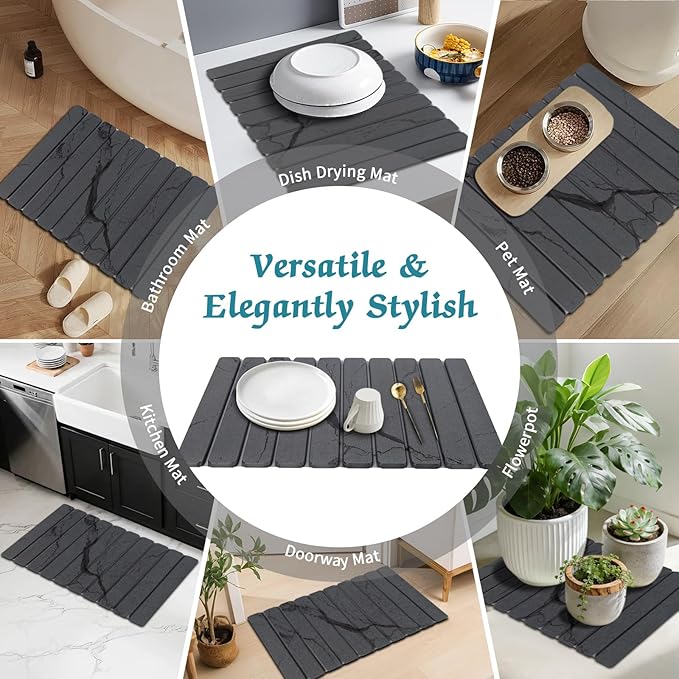 Stone Dish Drying Mat for Kitchen Counter, 24''×15'' Dishes Drying Matt Kitchen Counter, Absorbent Diatomaceous Earth Bath Quick Dry Mats for Tableware, Bottles and Cup(Dark Grey Marble) - Image 7