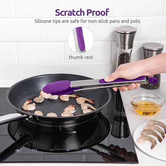 600ºF Heat Resistant Kitchen Tongs: U-Taste 12 inch Large Silicone Cooking Tong with Sturdy Non Stick Rubber Tips & Silicon Coated 18/8 Stainless Steel Handle & Smooth Locking for Serving Grill-Purple - Image 9