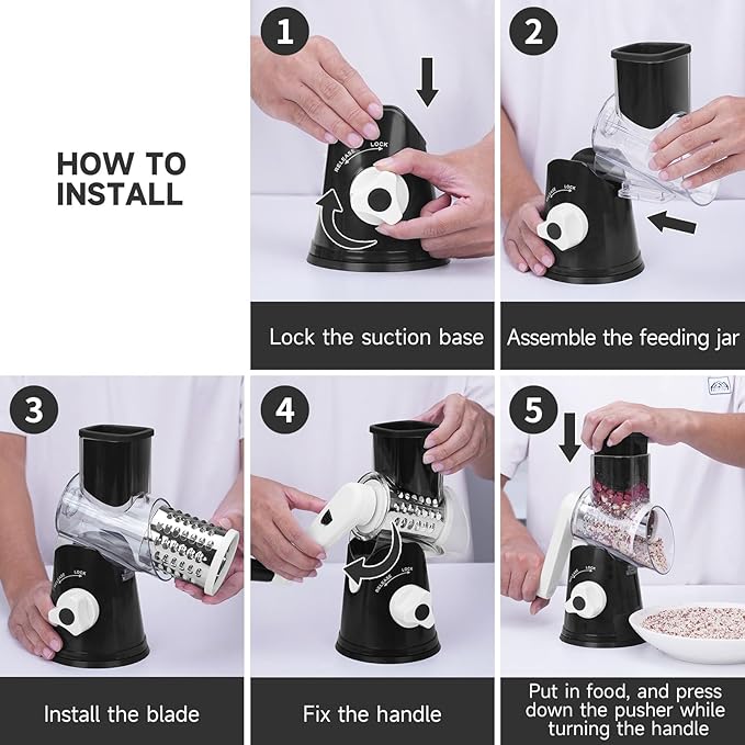 Rotary Cheese Grater with Handle, Kitchen Mandoline Vegetable Slicer with 3 Interchangeable Blades & Strong Suction Base, Easy to Clean Grater for Vegetables, Fruit, Nuts, Black - Image 6